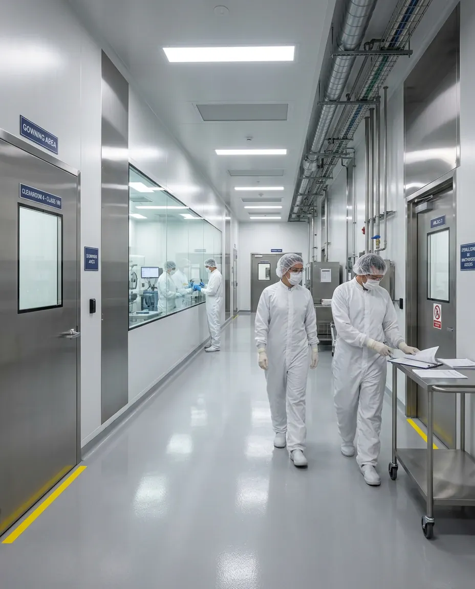 Operadores paramentados caminhando em corredor de área limpa farmacêutica com portas de inox e visores