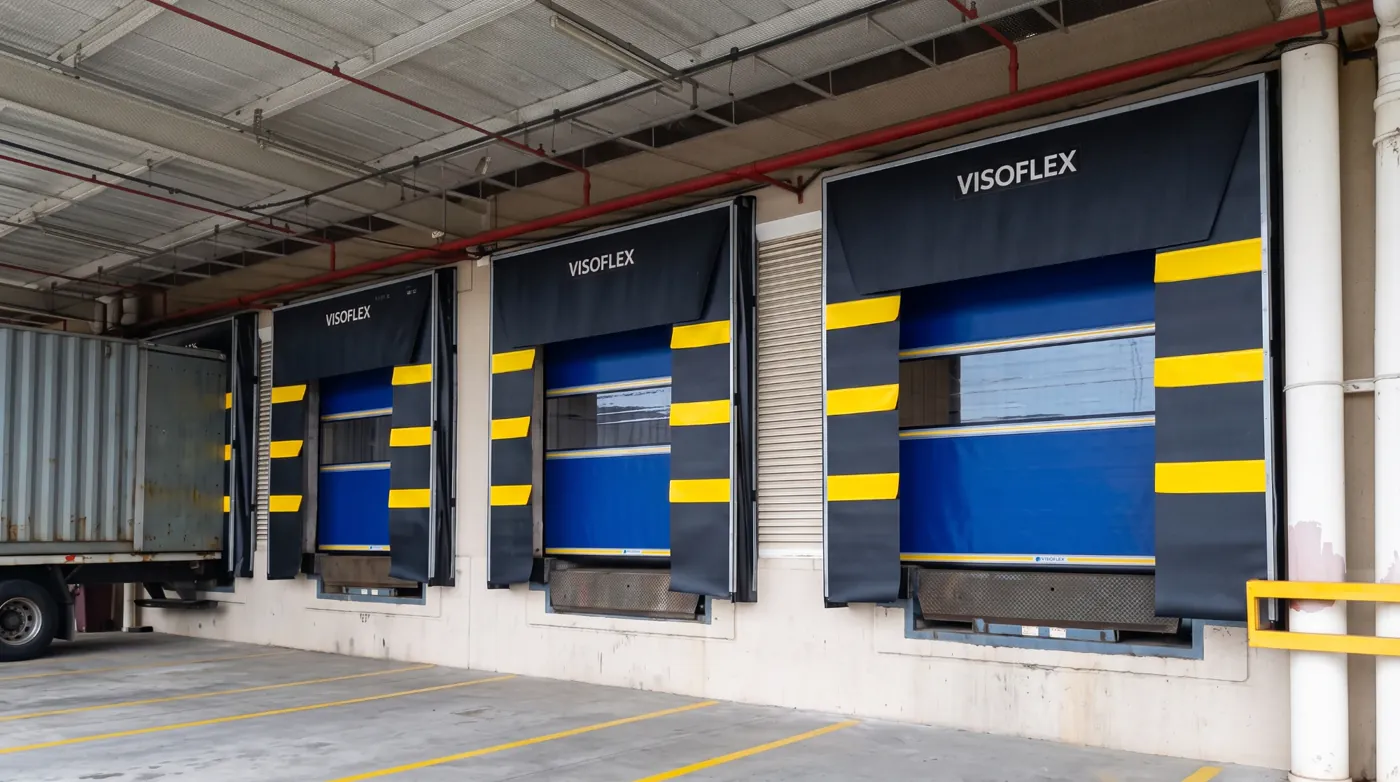 Abrigos de doca Visoflex pretos com faixas amarelas e portas rápidas azuis em sequência de docas, com caminhão encostado