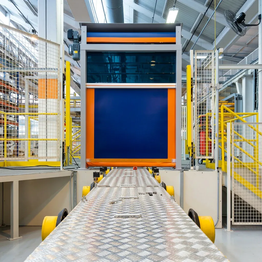 Porta rápida Visoflex VFX302 OEM azul e laranja com visor na saída de esteira transportadora de intralogística