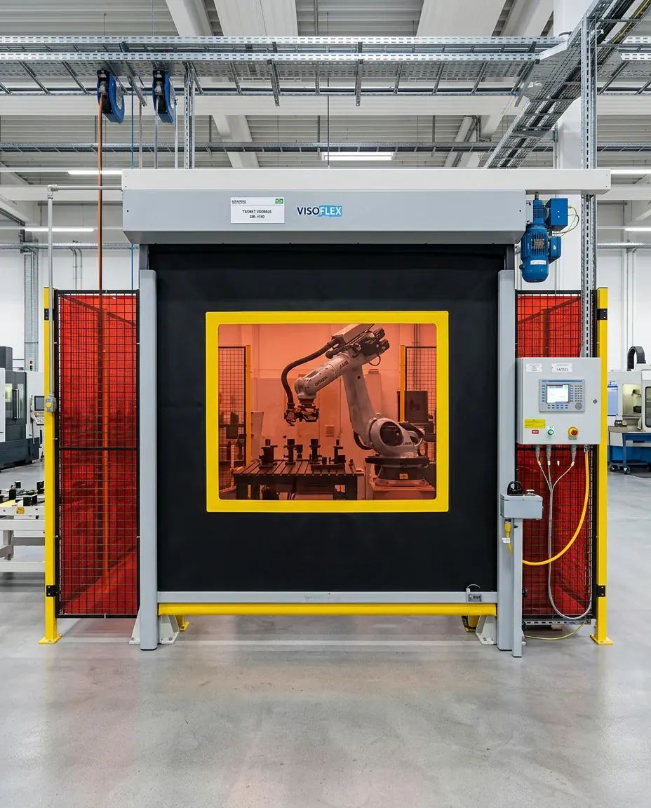 Porta rápida Visoflex VFX302 Safety com lona preta e visor de proteção laranja fechando célula robótica de solda