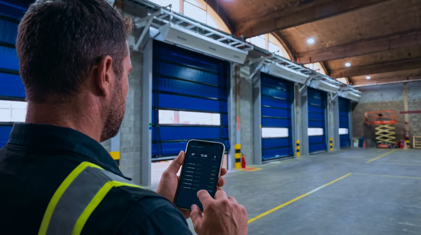 Funcionário acompanha no celular o painel VISO360 de monitoramento das portas rápidas da fábrica