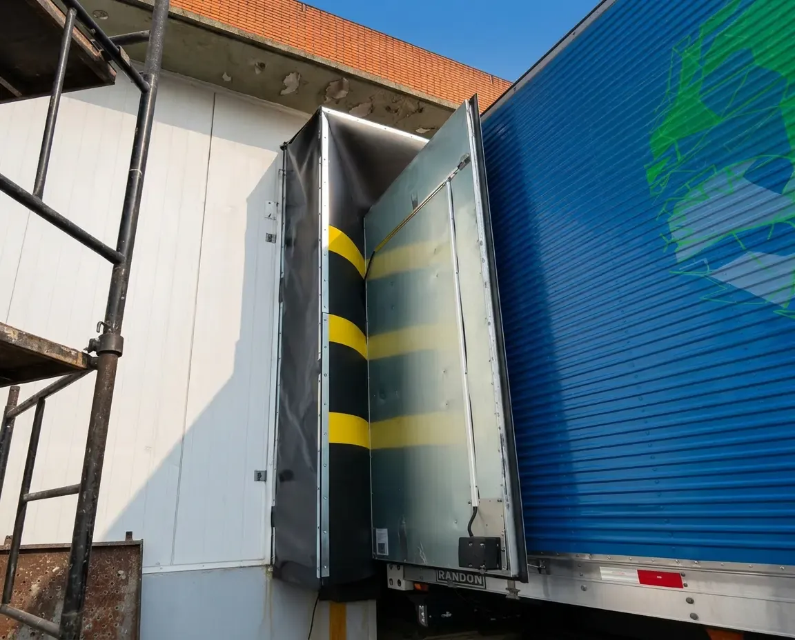 Abrigo de Doca Visoflex vedando o contorno da carroceria de um caminhão encostado na doca