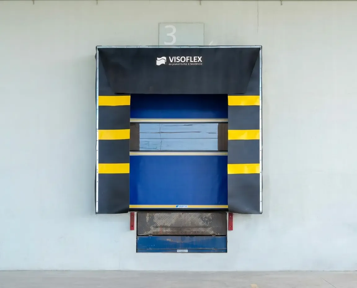 Abrigo de Doca Visoflex visto de frente, com porta de doca azul e nivelador