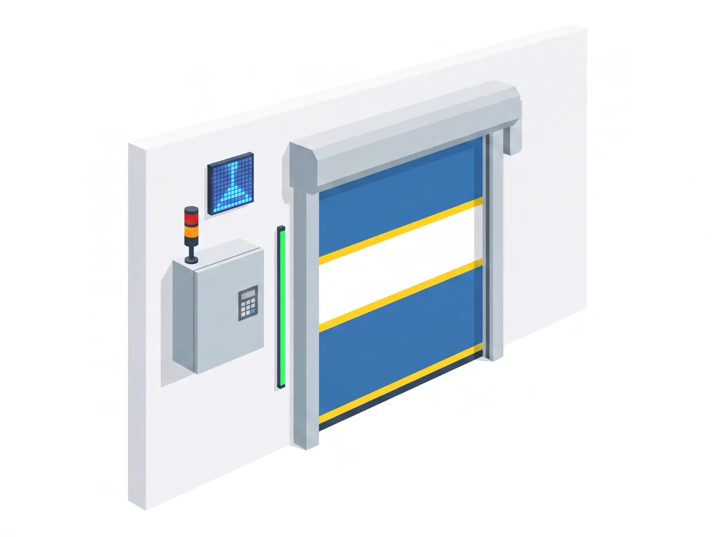 Ilustração de porta rápida Visoflex com opcionais de segurança: barra de LED, display gráfico de tempo, sinalizador e painel de intertravamento