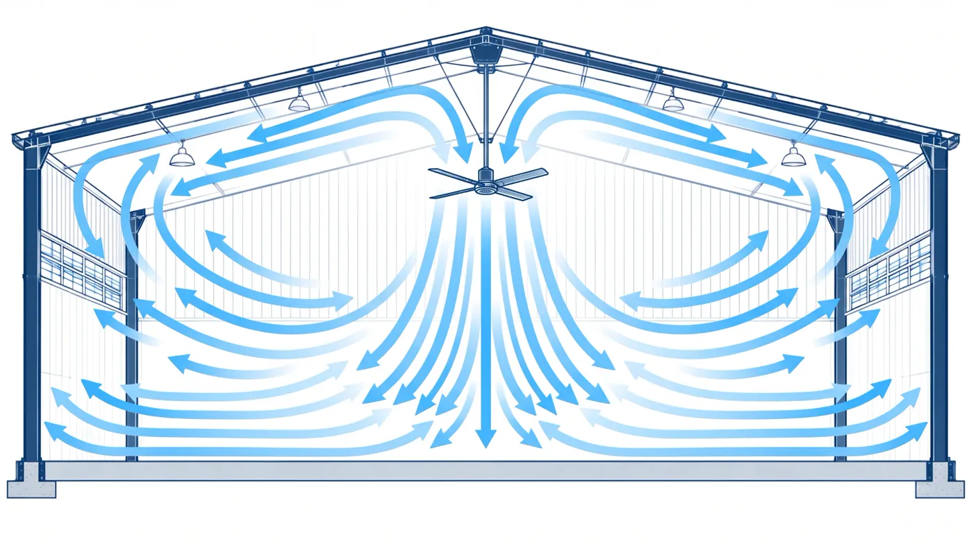 Desenho do fluxo de ar de um ventilador HVLS em galpão: o ar desce do centro, se espalha junto ao piso e volta pelas laterais