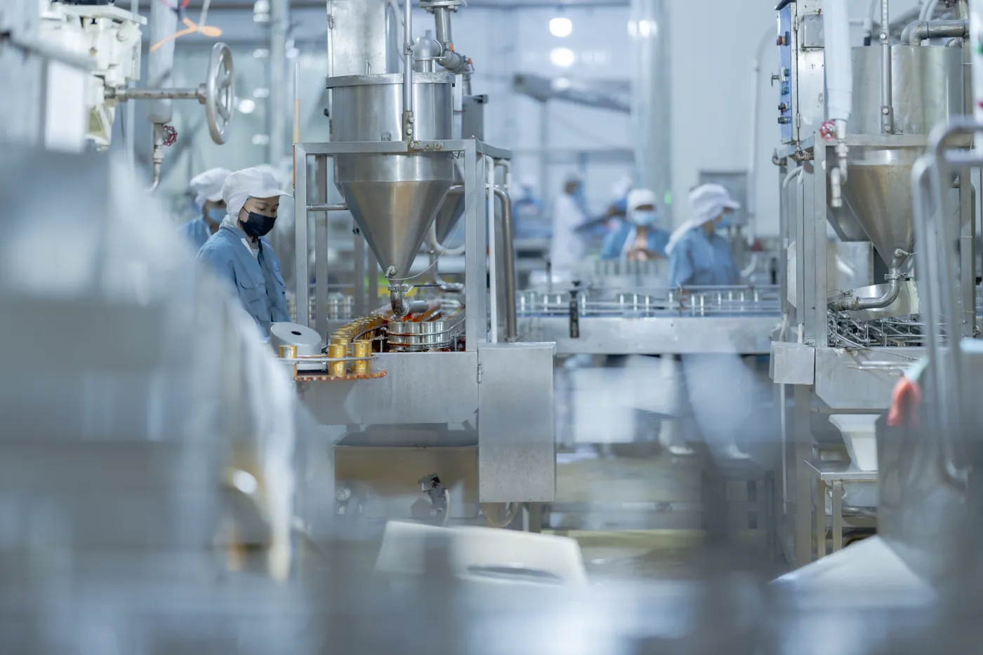 Operadores paramentados em linha de processamento de pescado