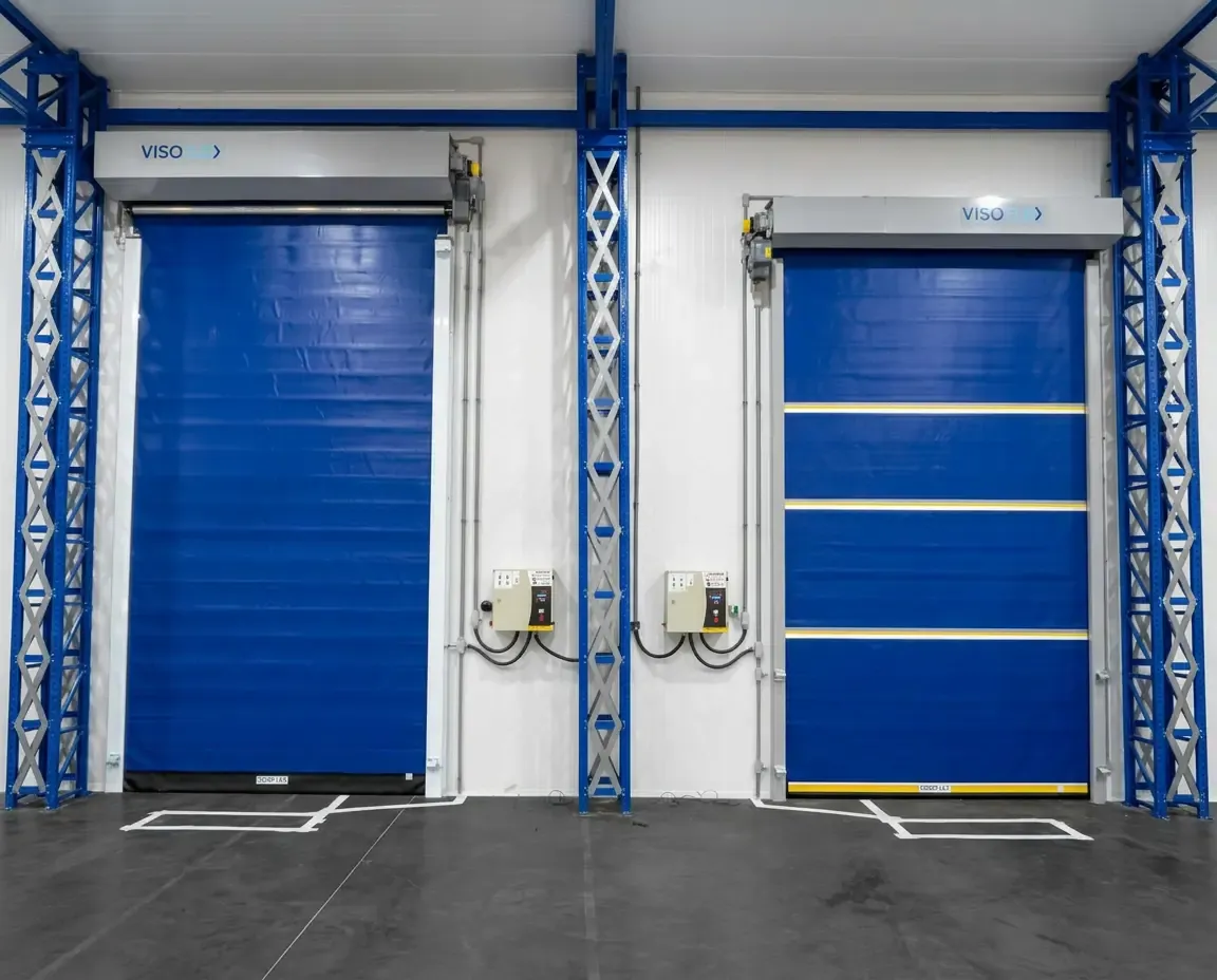 Duas portas rápidas VFX103 Insulada azuis instaladas lado a lado em área refrigerada