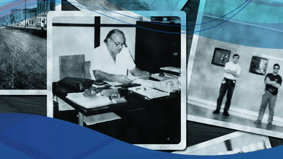Fotos históricas em preto e branco dos primeiros anos da Visoflex, com escritório e equipe na fábrica