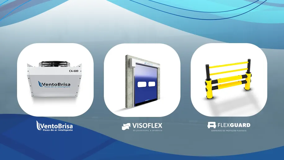 Ventilador VentoBrisa, porta rápida Visoflex e barreira flexível FlexGuard lado a lado