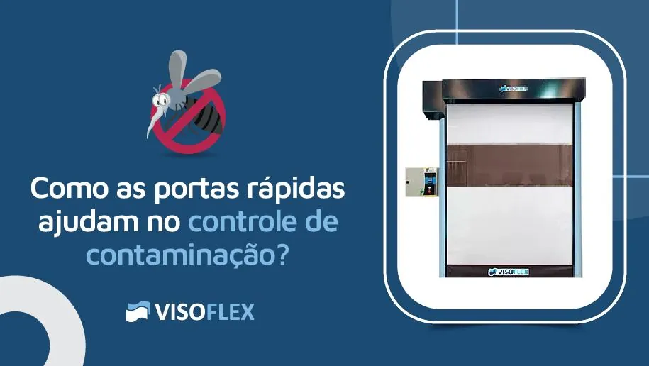 Porta rápida Visoflex de lona branca com faixa marrom ao lado de ilustração de inseto proibido
