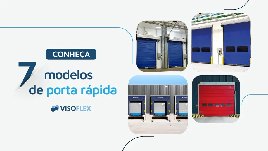Montagem com quatro portas rápidas Visoflex instaladas em diferentes ambientes, em azul e vermelho