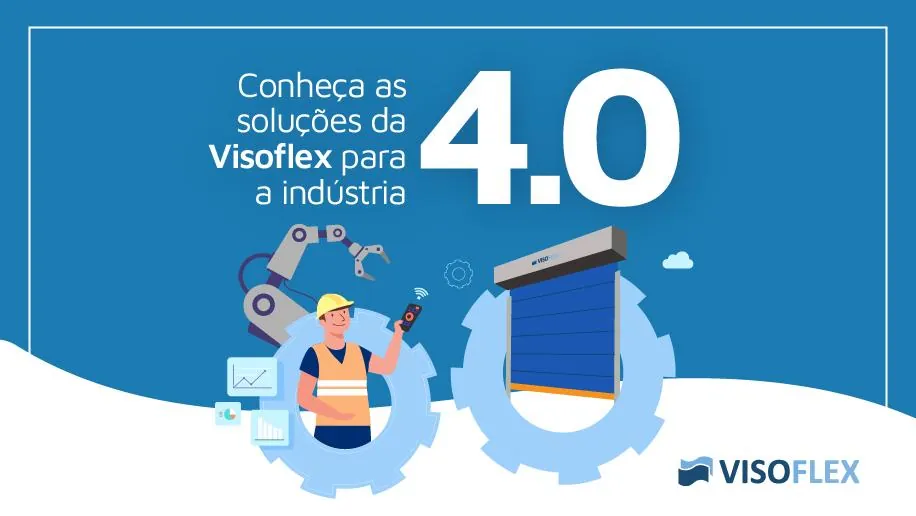 Ilustração de técnico com tablet, braço robótico e porta rápida azul sobre engrenagens, representando a indústria 4.0