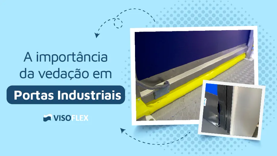 Detalhe da vedação inferior de porta industrial, com perfil amarelo junto ao piso