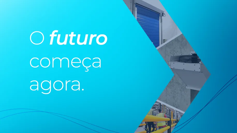 Arte “O futuro começa agora.” com porta rápida azul Visoflex ao fundo