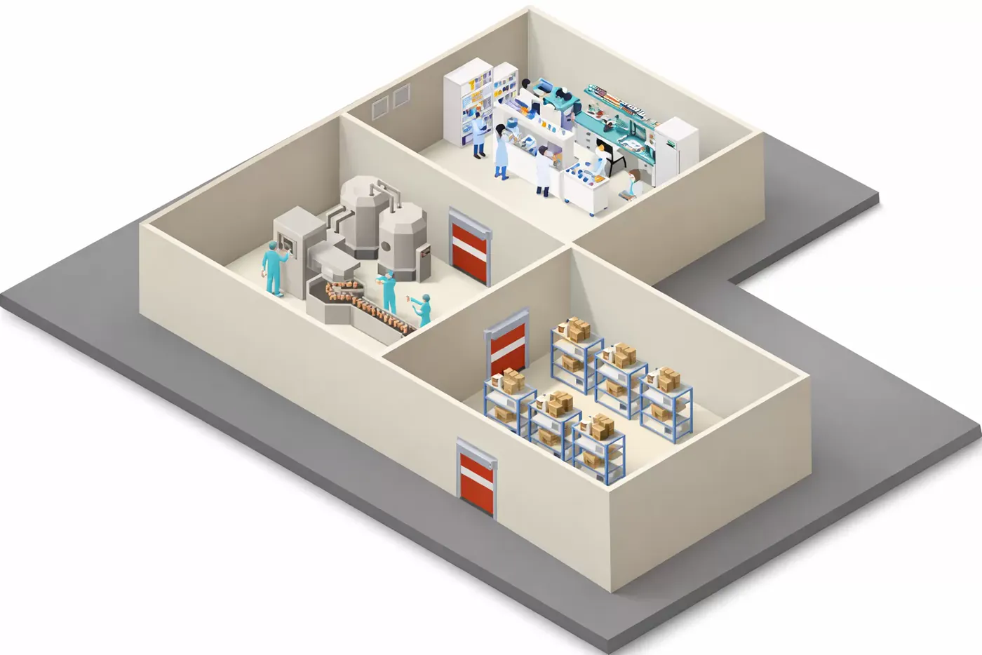Ilustração isométrica de laboratório com áreas separadas por portas rápidas vermelhas