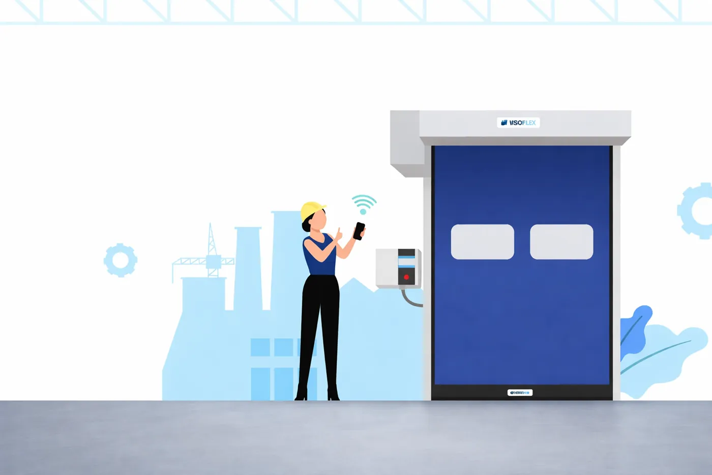 Ilustração de operadora com celular ao lado de porta rápida azul com visores