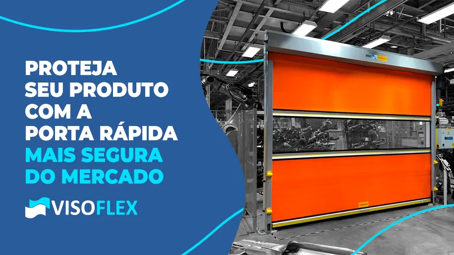 Porta rápida de lona laranja com visor em linha de produção industrial